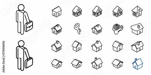 Confident professional with briefcase and collection of diverse house icons symbolizing real estate and investment opportunities
