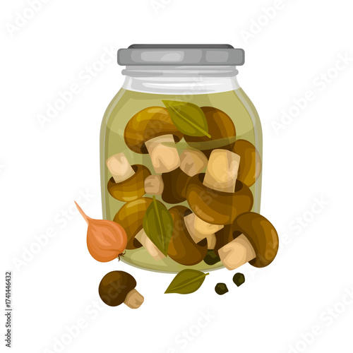 Illustration of a glass jar filled with pickled mushrooms and bay leaves with a small onion and peppercorns