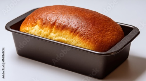 Freshly baked loaf of bread in a dark baking pan
