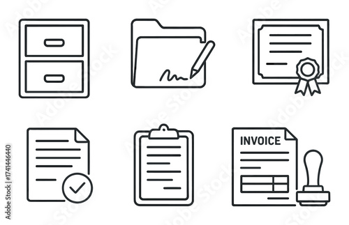 Office document icons: file, folder, certification, checklist, invoice, approval stamp