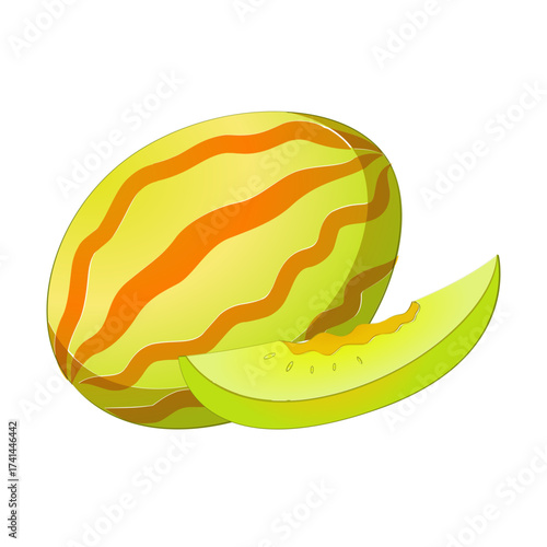 A whole ripe yellow melon with orange stripes and a slice cut out showing the juicy flesh