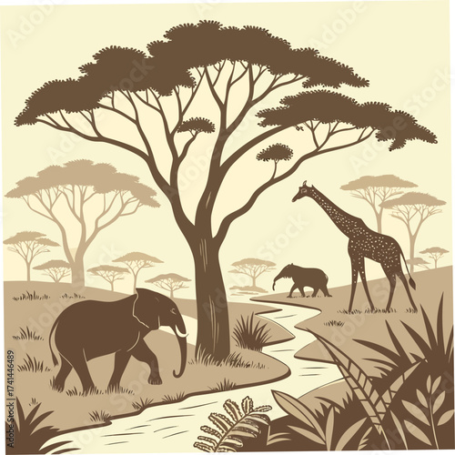 African savanna landscape with elephant, giraffe, and acacia tree scenery