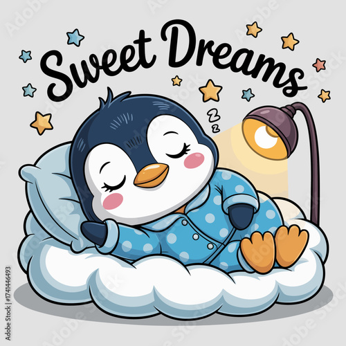 A delightful penguin is peacefully sleeping on a fluffy cloud in pajamas, highlighted by a warm lamp, symbolizing comfort and sweet dreams in a cozy, whimsical setting.