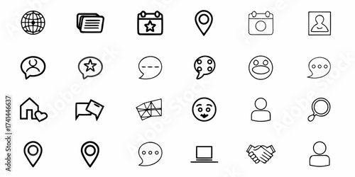 Diverse collection of modern outline icons symbolizing communication, business, location, and user profiles for digital applications