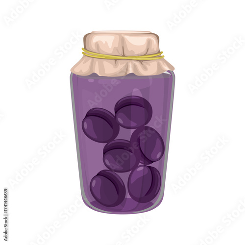 Illustration of a glass jar filled with whole plums preserved in a sweet purple syrup