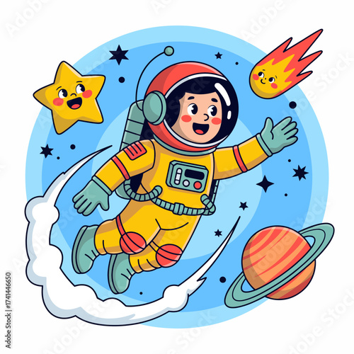 This illustration of a child astronaut floating in space captures the wonder of exploration, imagination, and adventure, portraying a joyful journey through the cosmos.
