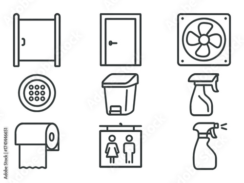 Set of bathroom icons including door, trash can, vent, and spray bottle