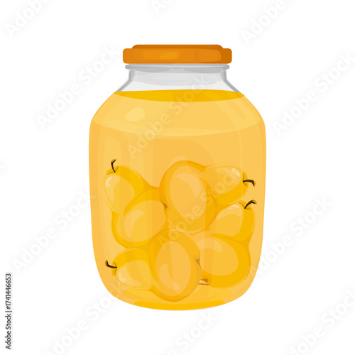 Illustration of a glass jar filled with whole pears preserved in sweet yellow syrup