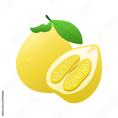 A whole yellow pomelo fruit with a leaf and a halved pomelo showing juicy segments