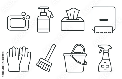 Cleaning icons: tissues, soap, bucket, gloves, spray, mop