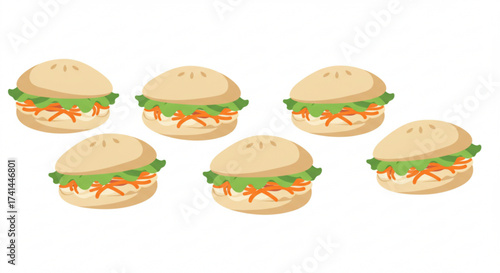 Six bao buns with vegetables on white background  