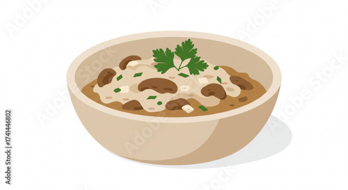 Beef stroganoff in a bowl with mushrooms and herbs garnish  