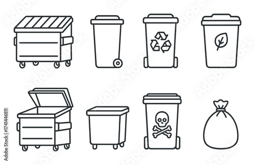 Set of eco-friendly recycling and waste icons on black background