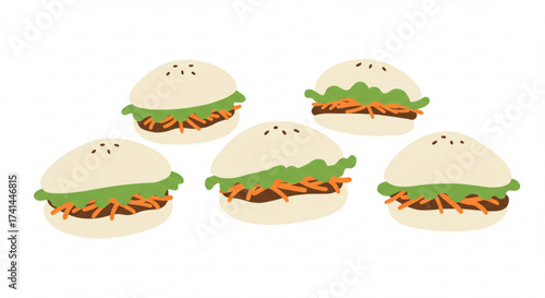 Steamed bao buns filled with vegetables on white background  