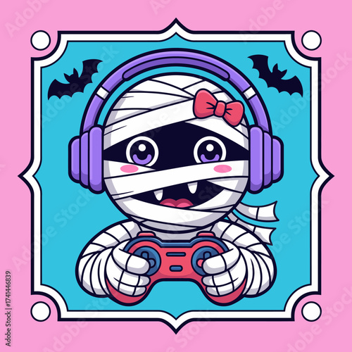 A playful mummy character wearing headphones is joyfully playing video games, combining the fun of gaming with a spooky twist, perfect for Halloween enthusiasts and gamers alike.