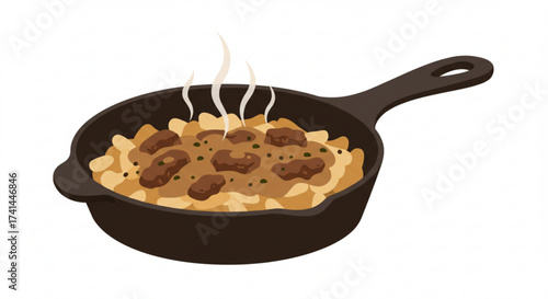 Beef stroganoff in a black skillet with steam rising  