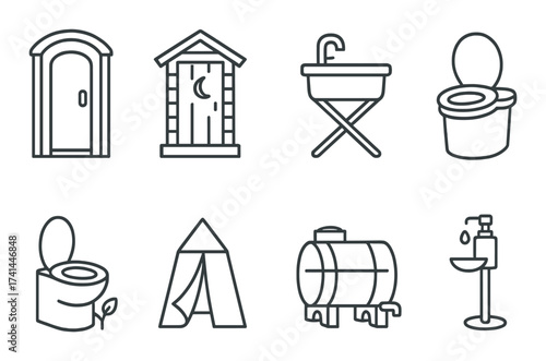 Various outdoor restroom and sanitation icons on dark background