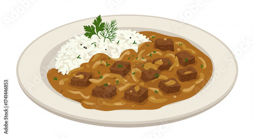 Beef stroganoff with white rice and parsley garnish on plate  