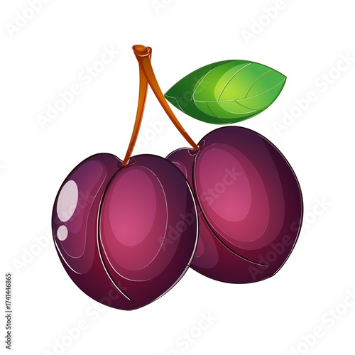 Two ripe purple plums with a green leaf and orange stems on a black background