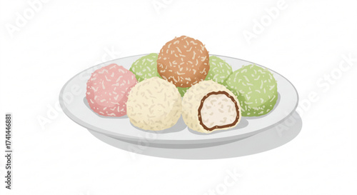 Colorful coconut sweets arranged on a plate with a white background, Beijinho  