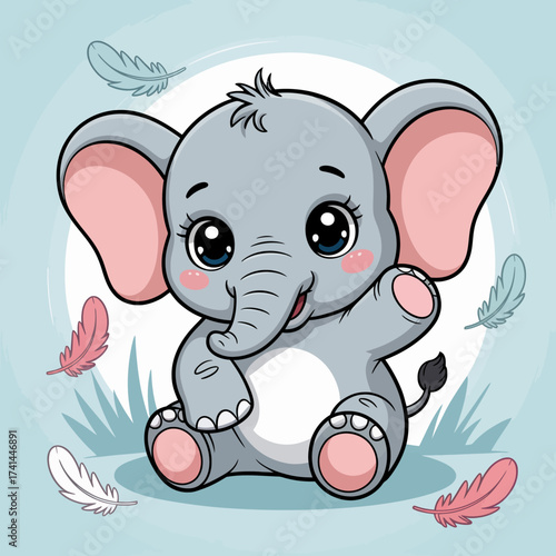 A charming illustration of a cute baby elephant waving in a playful manner surrounded by feathers, representing innocence and joy, perfect for children's products or educational themes.