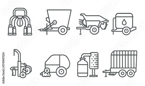 Monochrome outline icons of agricultural equipment on dark metal background