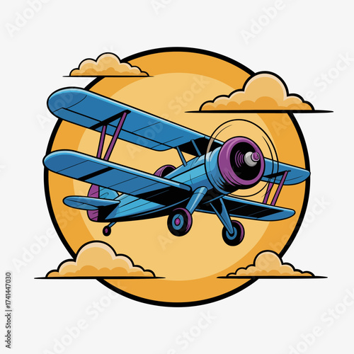A vibrant blue vintage airplane soars through a warm orange sunset, surrounded by fluffy clouds, representing freedom, adventure, and the joy of flight.