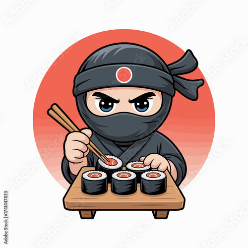 A ninja character skillfully crafts sushi rolls on a wooden platter, showcasing a blend of culinary arts and fun, with a striking red background enhancing the focus.