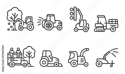Outline icons of construction and landscaping vehicles on gradient background