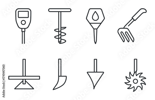 Monochrome set of gardening and soil testing tools in wireframe style