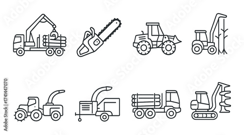 Silhouette of logging equipment and machinery icons on grunge background