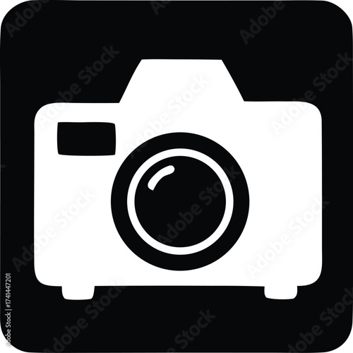 Simple white camera icon symbol on a black square background for photography apps and digital media content creation