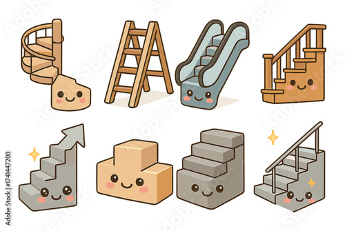 Cute cartoon stair and ladder characters with smiling faces on brown background