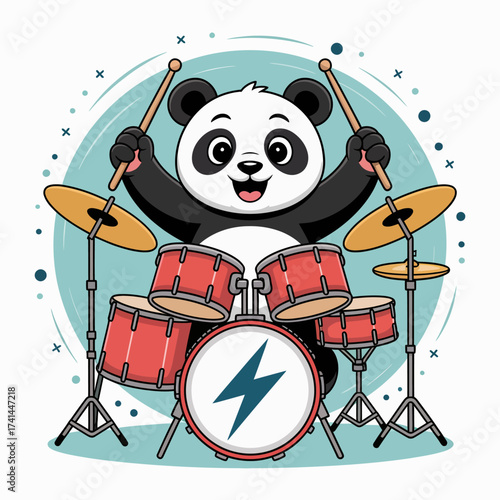 A cheerful panda joyfully plays the drums, symbolizing fun, music, and creativity, perfect for showcasing a love for music and playful spirit.