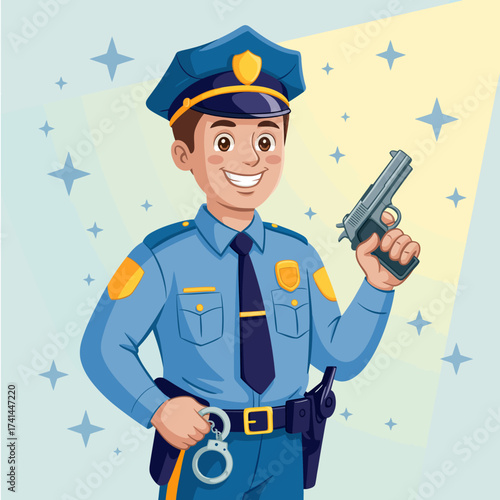 A friendly policeman holding a firearm and handcuffs, ready for duty. This illustration combines authority and approachability, highlighting the role of law enforcement in society.