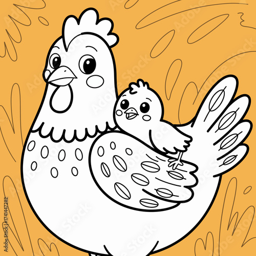 An endearing illustration showcasing a mother hen with her chick nestled safely on her back, symbolizing maternal love and protection in a warm, nurturing environment.
