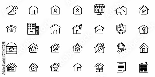 Discover your dream home with this versatile collection of modern house and property icons, perfect for real estate and urban living
