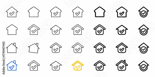 Diverse collection of house icons with checkmarks signaling approval and selection for real estate or home services