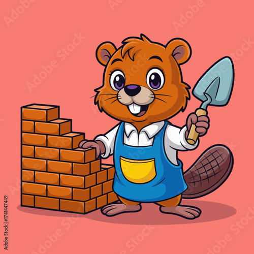 A jovial beaver in a blue apron happily builds a brick wall, showcasing a playful way to represent construction and teamwork in a charming, cartoonish style.