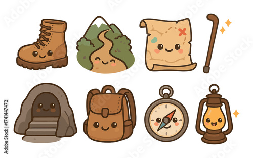 Cute adventure icons: boots, map, mountain, backpack, compass, lantern, cave, trail, stick