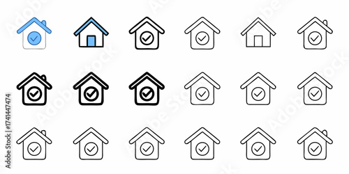 Diverse house icons with checkmarks signify approval, security, and home ownership success for modern living and real estate