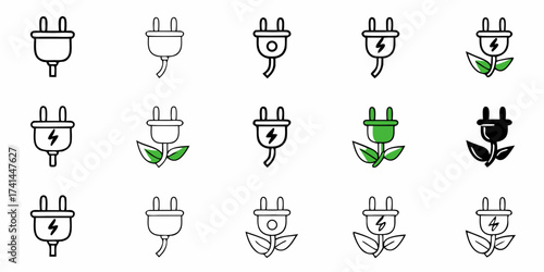 Sustainable energy icons featuring power plugs with leaves and lightning bolts symbolizing green electricity and eco-friendly solutions