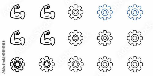 Dynamic muscle icons and diverse gear symbols representing strength, industry, and mechanical processes for modern design projects.
