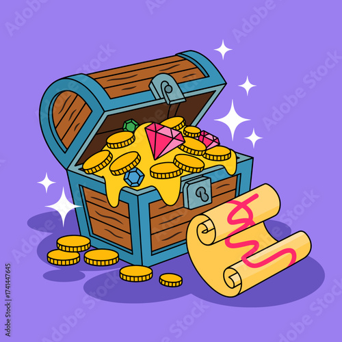 A colorful treasure chest brimming with gold coins and sparkling gems, symbolizing wealth, adventure, and the allure of hidden treasures in a playful artistic format.