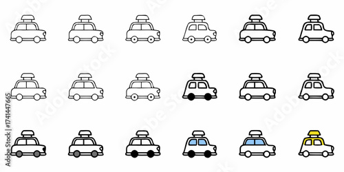 Diverse collection of cartoon cars with roof racks and variations in color and detail for playful designs