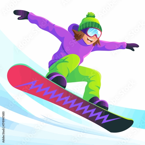 A vibrant illustration of a snowboarder in mid-air, showcasing dynamic movement and energy, dressed warmly in stylish winter clothing against a snowy backdrop.