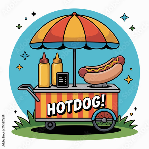 A vibrant hot dog cart adorned with bright colors and bold lettering, showcasing delicious hot dogs with condiments, a perfect illustration of street food culture.