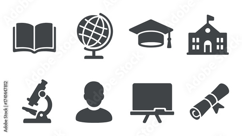 Education icons set: book, globe, graduation cap, school building, microscope, profile, easel, diploma