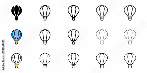 Diverse hot air balloon icons showcasing adventure, travel, and freedom in various artistic styles for exciting projects