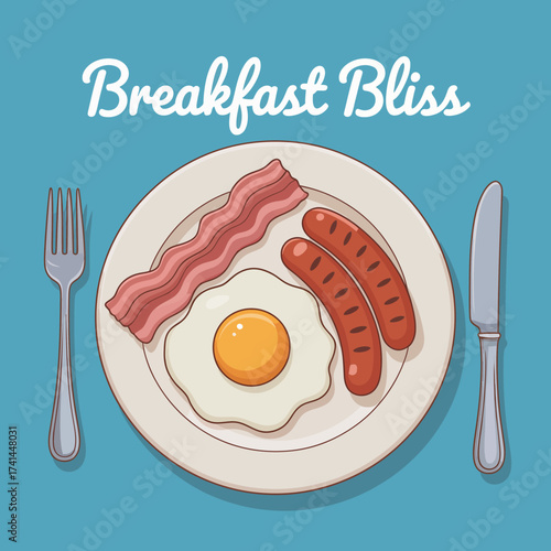 An appetizing breakfast plate featuring a perfectly cooked egg, crispy bacon, and juicy sausages, symbolizing comfort food, nourishment, and a delightful start to the day.